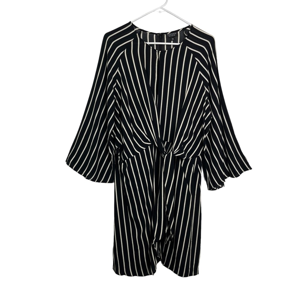 TopShop Tie Front Dress Women's Size 12 Long Sleeve Black with White Stripes